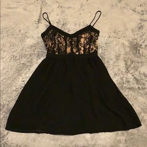 Tan and black lace and sheer bottom flared dress